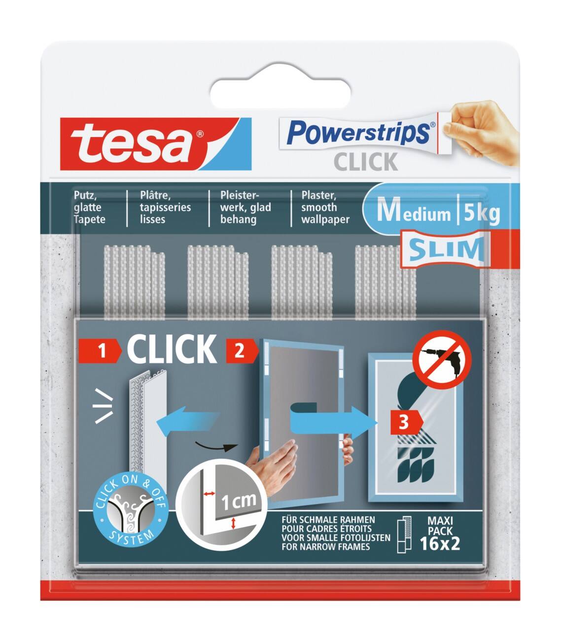 tesa Powerstrips Click Adhesive Strips 2 M Slim Pack of 16