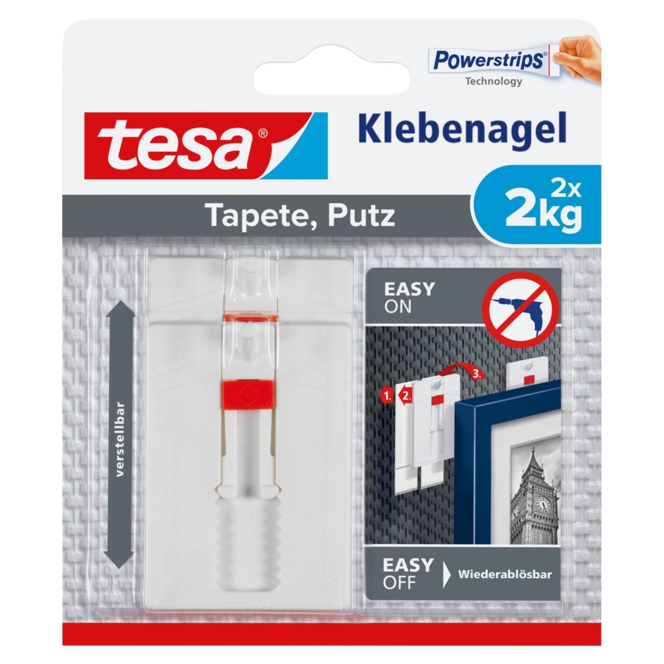 tesa Adjustable Adhesive Nail for Wallpaper and Plaster 2kg Pack of 2