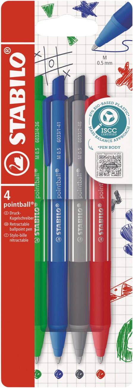 STABILO pointball colorful 6033/4 Retractable Ballpoint Pen Assorted Medium Ballpoint Refillable Pack of 4