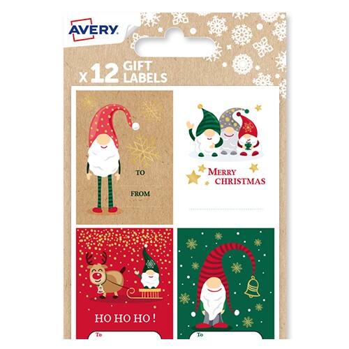 Avery NGIFT02.UK Gnome Christmas Gift Labels 3 Sheets of 12 Labels