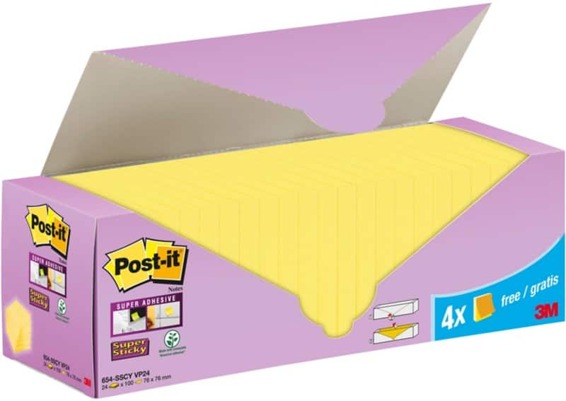 Post-it super sticky notes 76 x 76 mm yellow pack of 24 pads of 90 sheets value pack 20+4 free