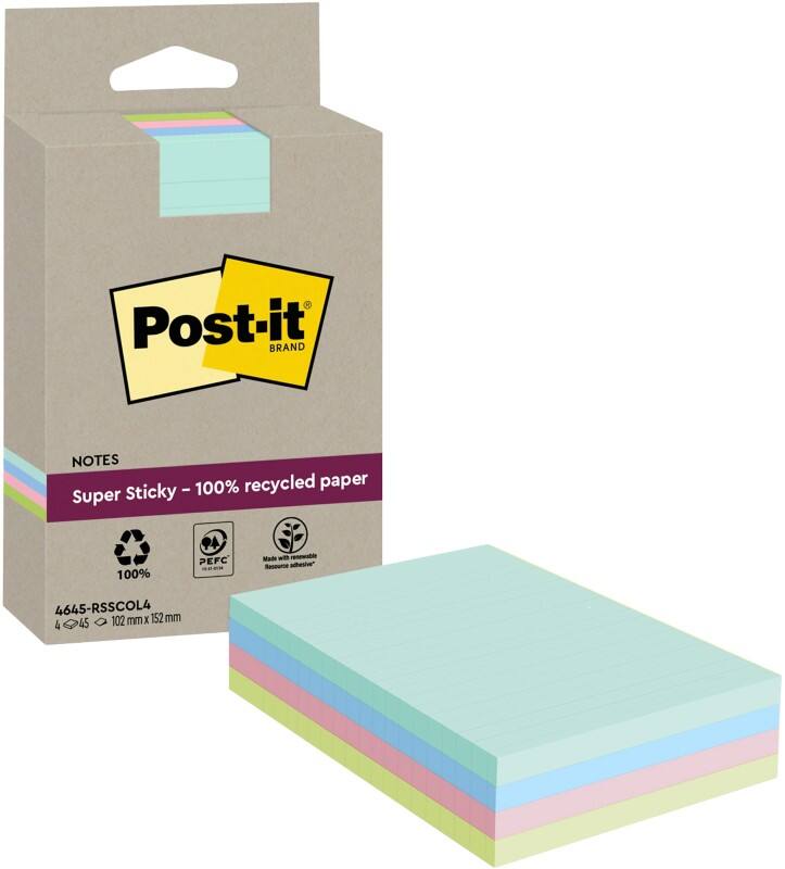 Post-it Super Sticky Notes Assorted 102 x 152 mm Pack of 4 Pads of 45 Sheets