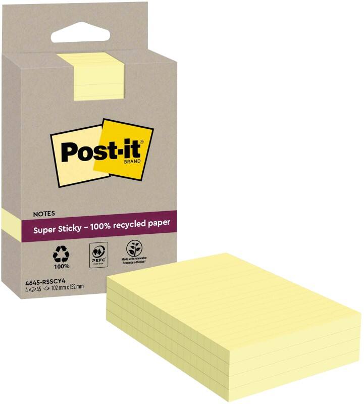 Post-it Super Sticky Recycled Sticky Notes Canary Yellow Lined 102 x 152 mm Pack of 4 Pads of 45 Sheets
