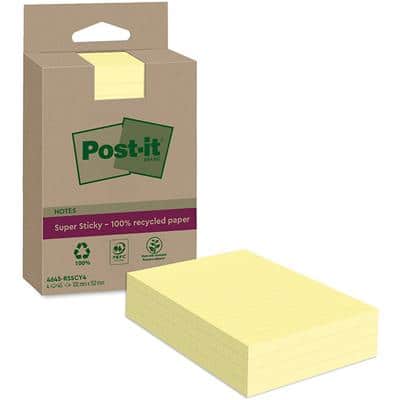 Post-it Super Sticky Recycled Sticky Notes Canary Yellow Lined 102 x 152 mm Pack of 4 Pads of 45 Sheets