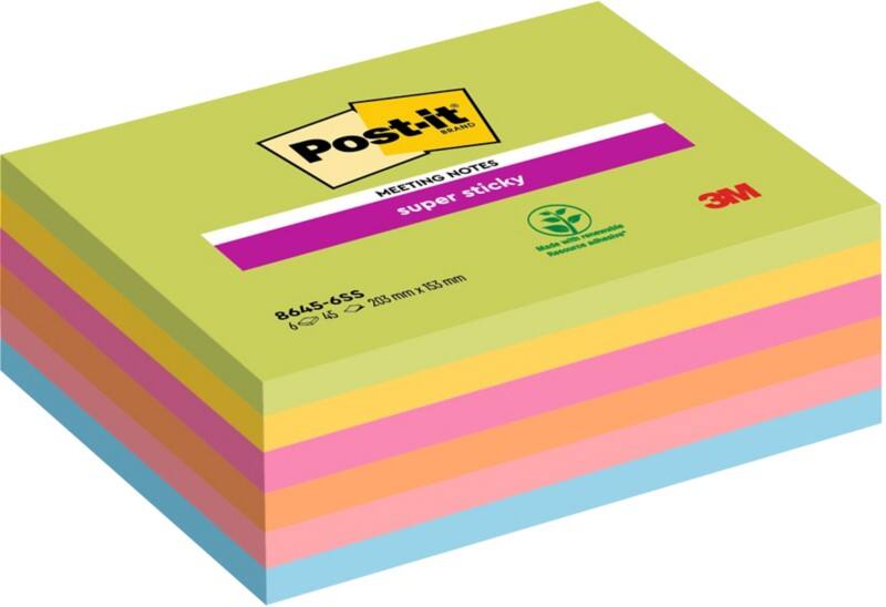 Post-it Super Sticky Notes 203 x 153 mm Assorted Pack of 6 Pads of 45 Sheets