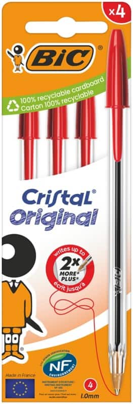 BIC Cristal Original Ballpoint Pen Medium 0.4 mm Red Pack of 4