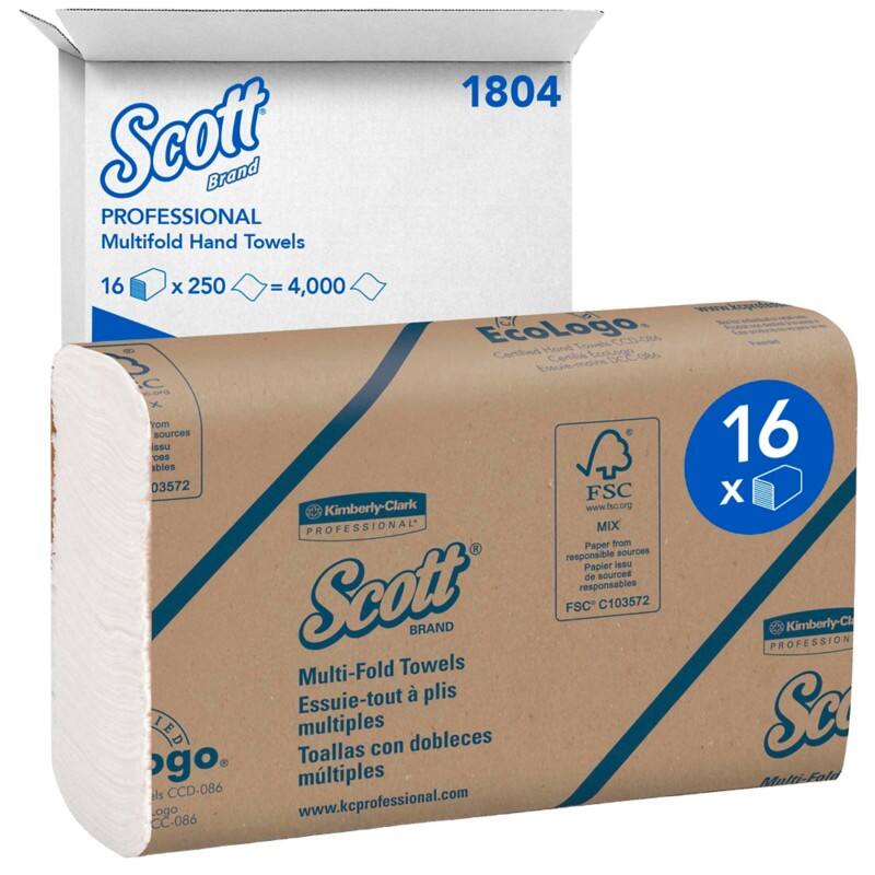 Scott Multifold  Paper Hand Towels White 1 Ply 1804 250 Sheets Pack of 16