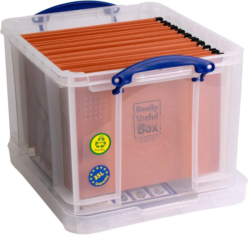 Really Useful Box Storage Box and 10 Free Suspension Files 35 L With Lid Transparent 39 x 31 x 48 cm Pack of 11