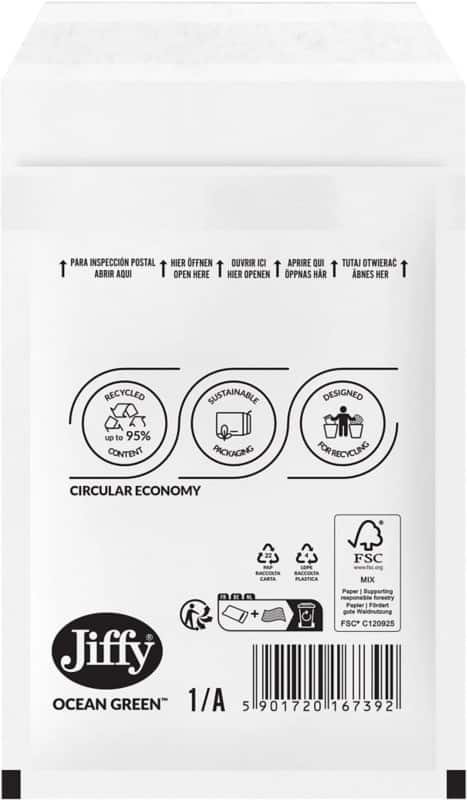 Jiffy Ocean Green Padded Envelopes K/7 White Plain 350 (W) x 470 (H) mm Peel and Seal 75 gsm Pack of 100