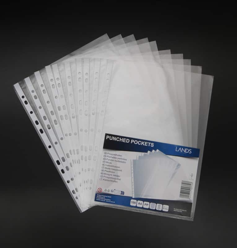 Punched Pockets  A4 Textured Transparent 50 microns PP (Polypropylene) Pack of 100