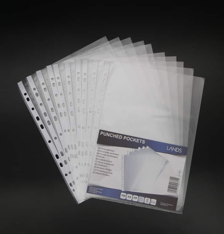 Punched Pockets  A4 Textured Transparent 40 microns PP (Polypropylene) Pack of 100