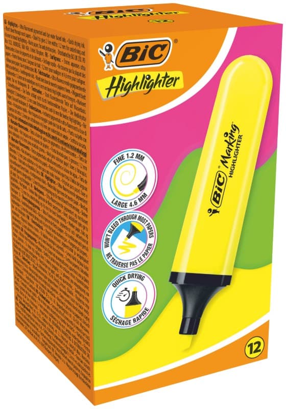 BIC Highlighters 517962 Highlighter Yellow Chisel  - 4.6 mm Non Refillable Pack of 12