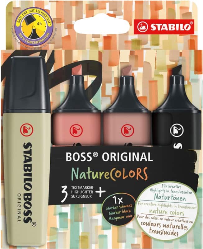 STABILO BOSS ORIGINAL NatureCOLORS Highlighter Assorted Broad Chisel 2 - 5 mm Pack of 4
