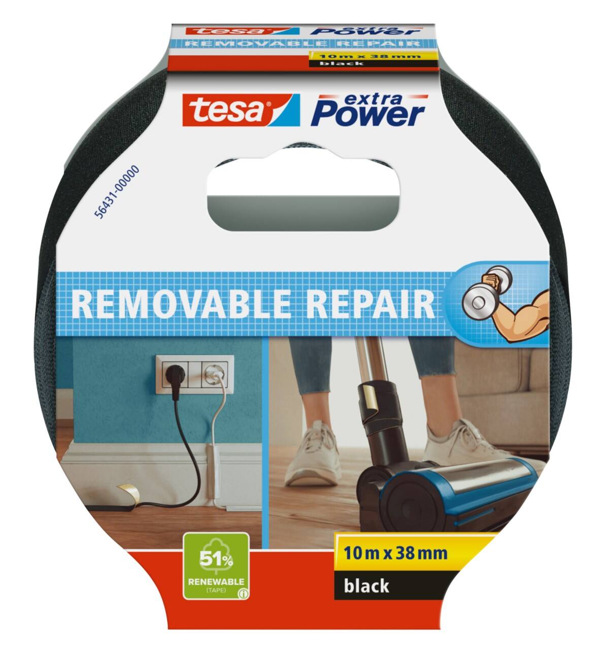 tesa extra Power Duct Tape Black Removable Repair 10 m x 38 mm