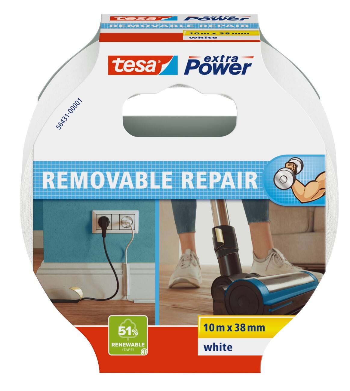 tesa extra Power Duct Tape White Removable Repair 10 m x 38 mm