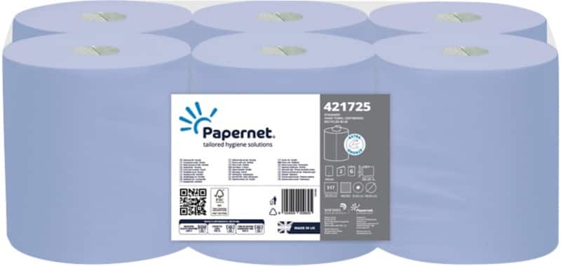 Papernet Standard Paper Hand Towels Centrefeed Blue 2 Ply 150 m 421725 517 Sheets Pack of 6