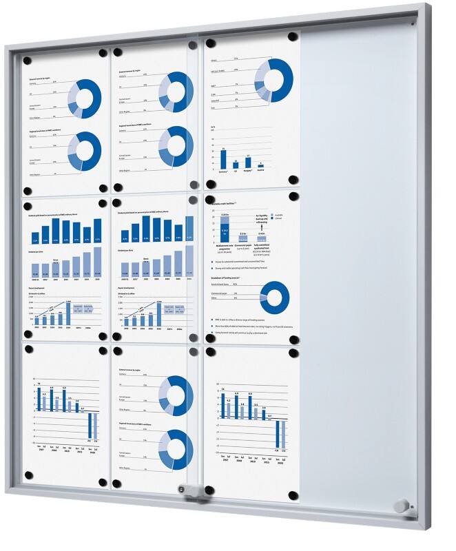 SHOWDOWN Display Case Magnetic 12 x A4 Wall Mounted Lockable Indoor 90.6 (W) x 94.8 (H) cm Silver  