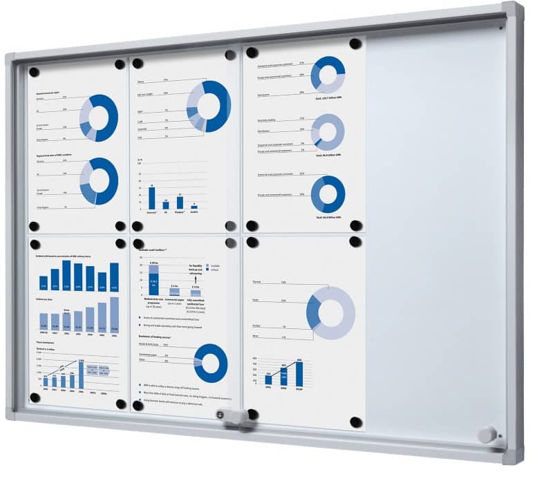 SHOWDOWN Display Case Magnetic 8 x A4 Wall Mounted Lockable Indoor 67.5 (W) x 94 (H) cm Silver