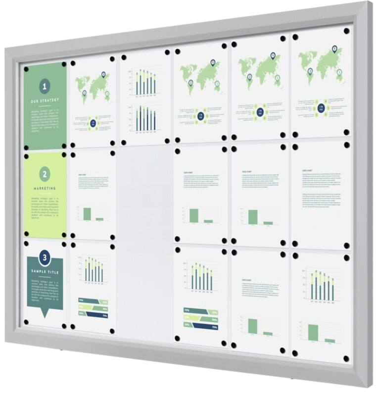 SHOWDOWN Display Case Magnetic 18 x A4 Wall Mounted Lockable Outdoor 141 (W) x 101.2 (H) cm Silver