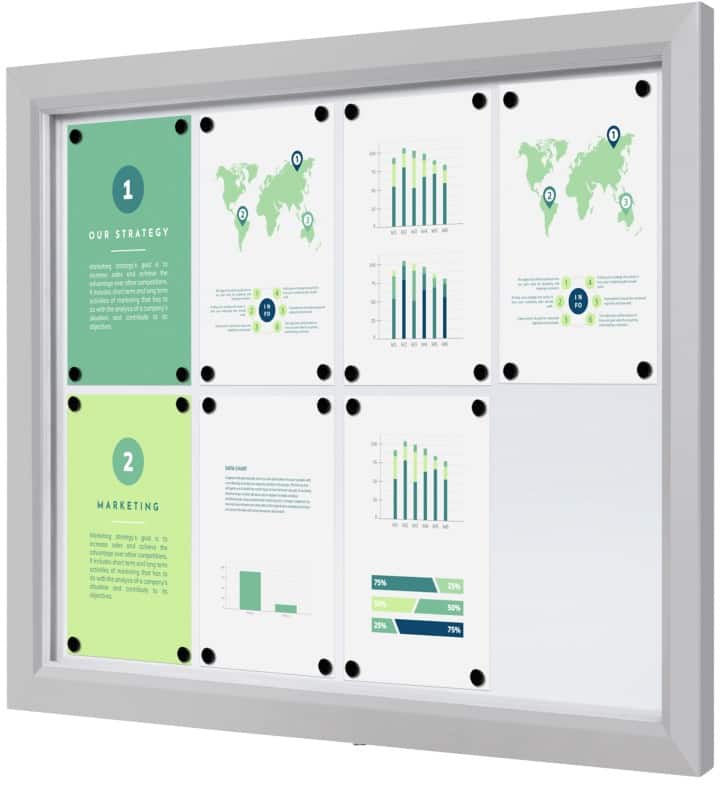 SHOWDOWN Display Case Magnetic 8 x A4 Wall Mounted Lockable Outdoor 97 (W) x 70.5 (H) cm Silver