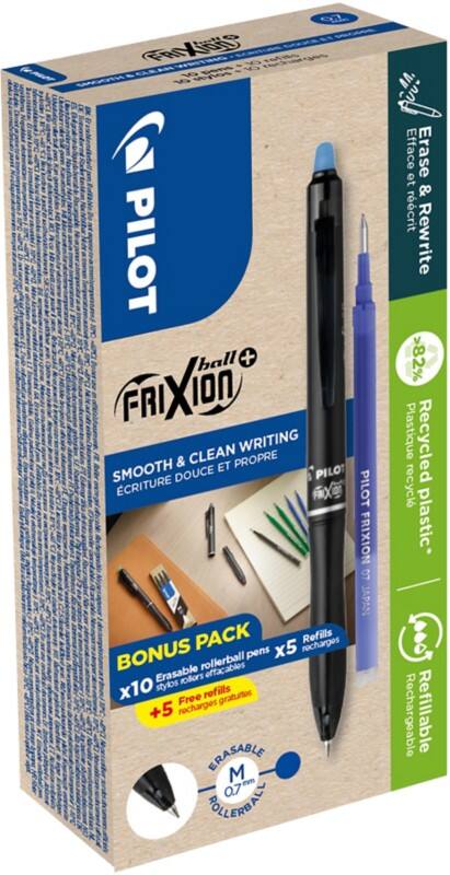 Pilot FriXion Ball Plus Rollerball Pen Blue 0.4 mm Medium Rollerball 82% Recycled Pack of 10 + 10 Refills 