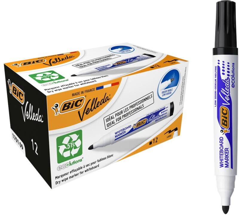 BIC Velleda Non-permanent Whiteboard Marker Black Broad Bullet  -   Pack of 12