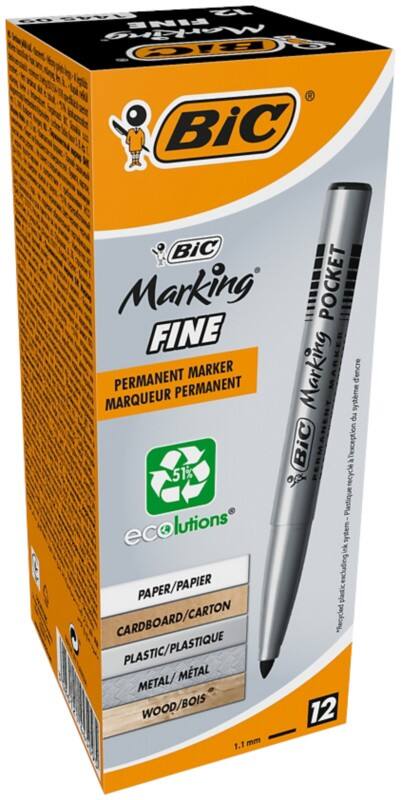 BIC Marking Fine 1445 Permanent Marker Medium Bullet  - 1 mm Black Non Refillable Pack of 12