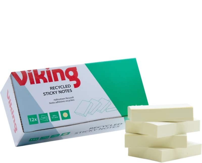 Viking Green Line Sticky Notes Square 38 x 51 mm Plain Yellow 80% Recycled 100 Sheets Pack of 12
