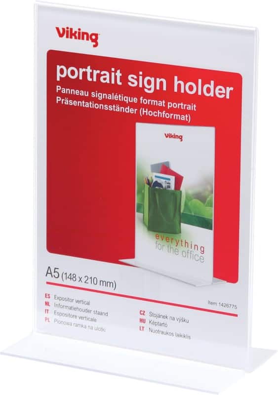 Viking T-Sign Sign Holder A5 14.9 (W) x 8.3 (D) x 21.4 (H) cm Transparent