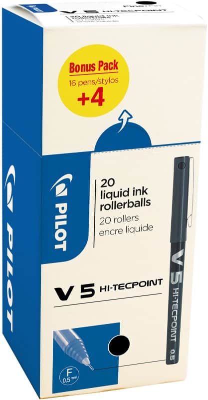 Pilot Hi-Tecpoint Non-retractable Rollerball Pen Black 0.3 mm Fine Rollerball Non Refillable Pack of 20