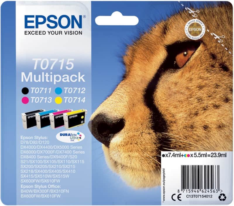Epson T0715 Original Ink Cartridge C13T07154012 Black& 3 Colours Multipack Pack of 4