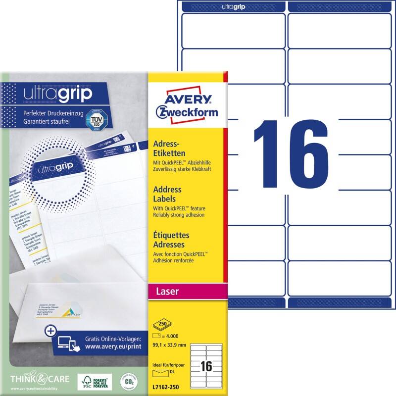 Avery Address Labels L7162-250 Adhesive A4 White 99.1 x 33.9 mm 250 Sheets Pack of 16