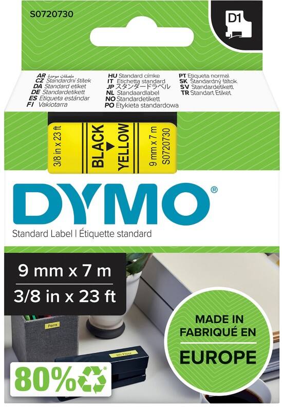 DYMO D1 Labelling Tape Authentic 40918 S0720730 Adhesive Black on Yellow 9 mm x 7 m