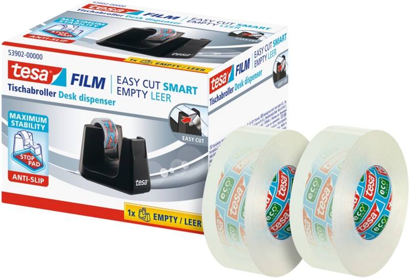 tesa Tape Dispenser + Tape tesafilm Easy Cut SMART Black 19 mm (W) x 33 m (L) Plastic