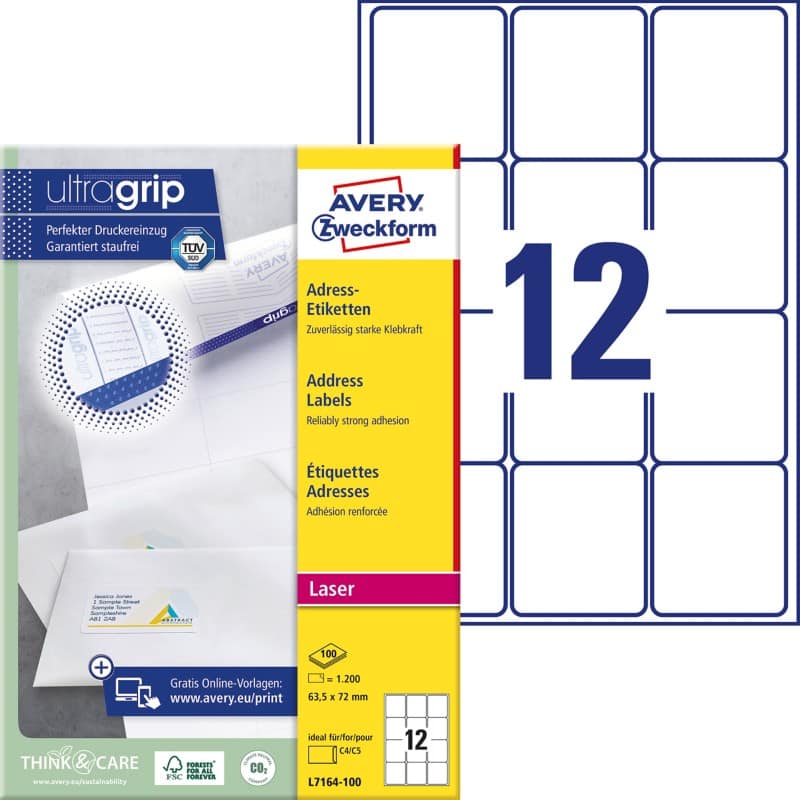 Avery UltraGrip Address Labels L7164-100 Adhesive A4 White 63.5 x 72 mm 100 Sheets Pack of 12