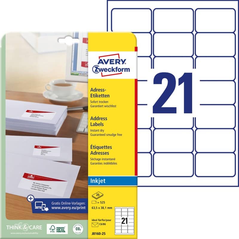 Avery J8160-25 Address Labels Self Adhesive 63.5 x 38.1 mm White 25 Sheets of 21 Labels