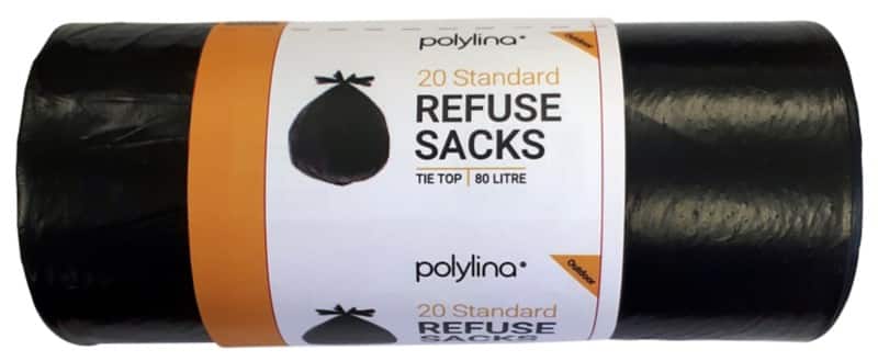 Polylina Tie Top Bin Bags 80 L Black PE (Polyethylene) 22 microns Pack of 20