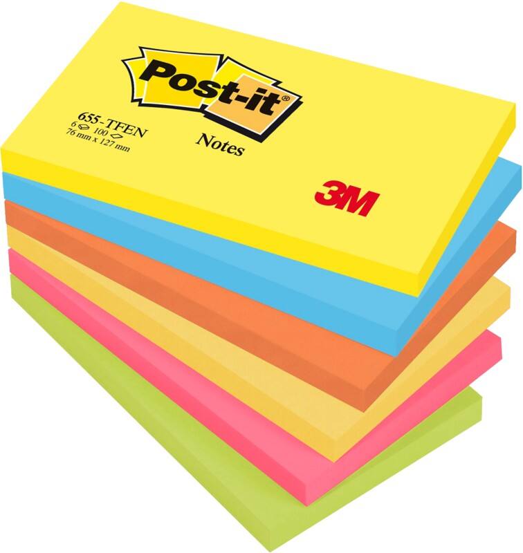 Post-it Sticky Notes 127 x 76 mm Energetic Assorted Colours 6 Pads of 100 Sheets