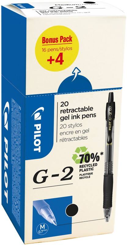 Pilot G2 Retractable Rollerball Pen Black 0.4 mm Medium Conical Refillable 70% Recycled Pack of 20