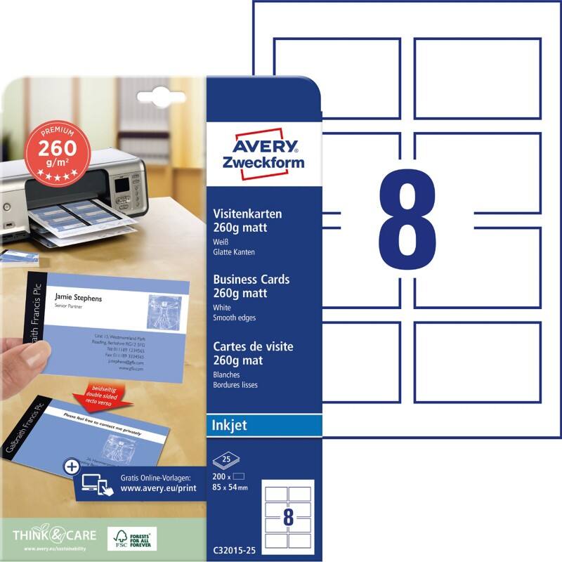 Avery Business Cards A4 260 gsm White 25 Sheets Pack of 8