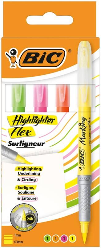 BIC Flex Highlighter Assorted Fine Chisel 1 - 4.3 mm Non Refillable Pack of 4