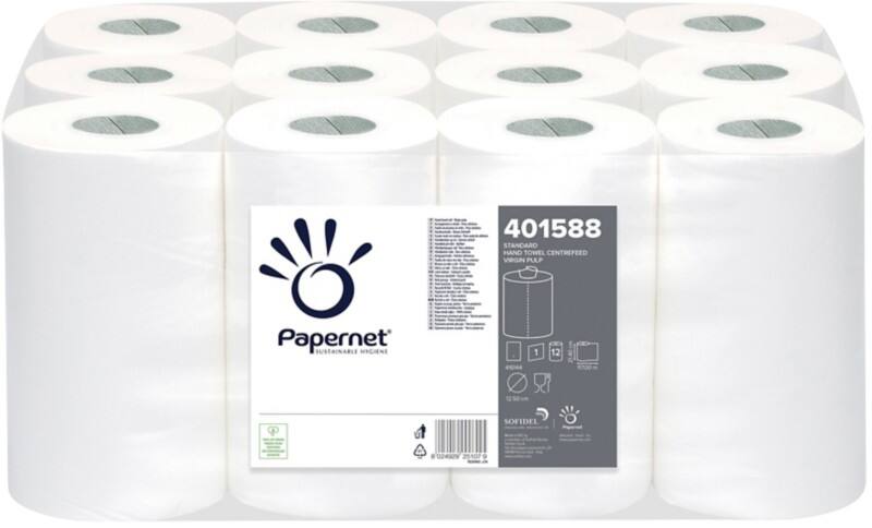 Papernet Standard  Paper Hand Towels Centrefeed Rolled White 1 Ply 117 m 401588 Pack of 12