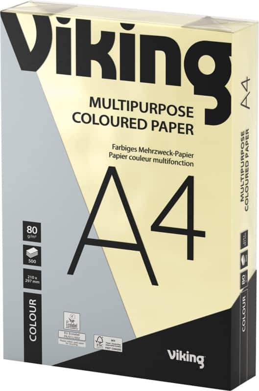 Viking A4 Coloured Paper Pastel Yellow 80 gsm Smooth 500 Sheets