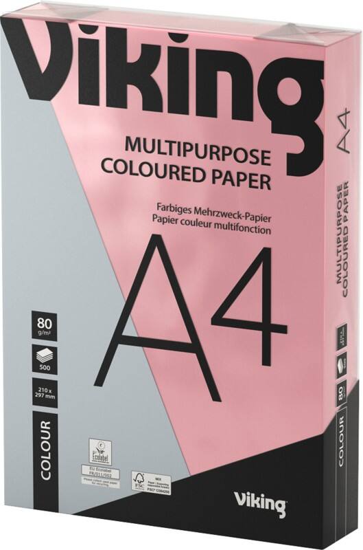 Viking A4 Coloured Paper Pink 80 gsm Smooth 500 Sheets