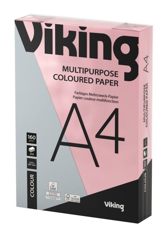 Viking A4 Coloured Paper Pink 160 gsm Smooth 250 Sheets