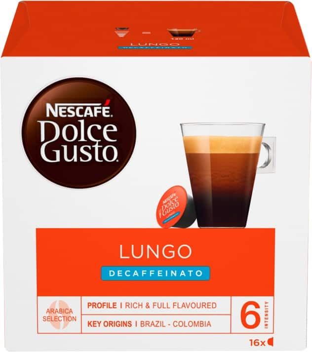 Nescafã‰ dolce gusto decaffeinated ground coffee pods box lungo 7 g pack of 6