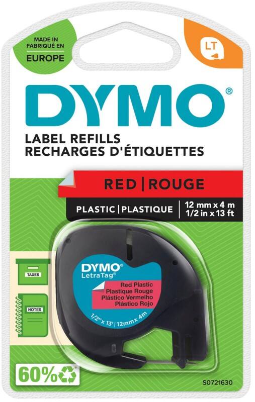 Dymo LT S0721630 / 91203 Authentic LetraTag Label Tape Self Adhesive Black Print on Red 12 mm x 4m