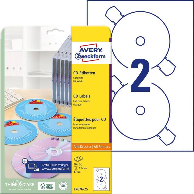 AVERY Zweckform CD/DVD Labels L7676-25 adhesive A4 White 117 mm 25 Sheets of 2 Labels