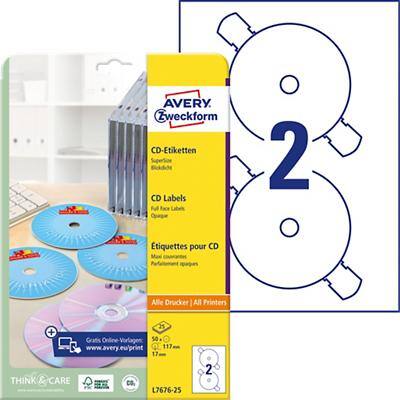 Avery L7676-25 CD Labels Self Adhesive Ø 117 mm White & Matt 25 Sheets of 2 Labels