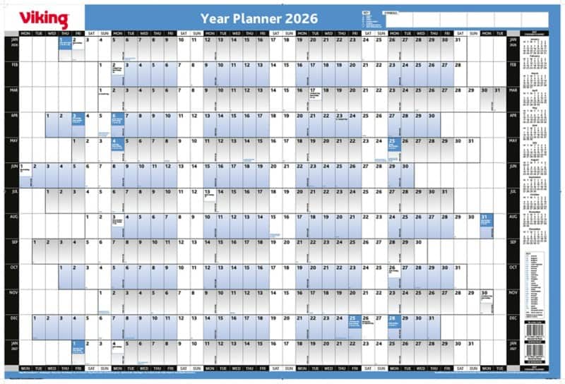 Viking 13 Months Mounted Year Planner 2026 English 85.1 (W) x 61 (H) cm Blue